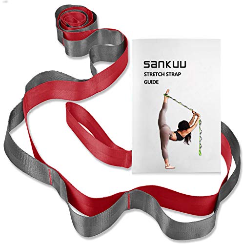 SANKUU Yoga Straps Stretching Strap with 12 Loops Workout Poster, Straps for Stretching Physical Therapy Equipment Long Stretch Out Bands for Exercise, Pilates and Gymnastics for Women Men - color: Red+Grey