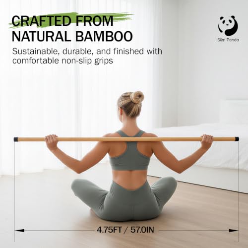 Slim Panda 5FT Yoga Stick - Natural Bamboo Stretching Stick with Non-Slip Caps - 1.57" Thick Exercise Balance Pole for Posture Correction & Physical Therapy