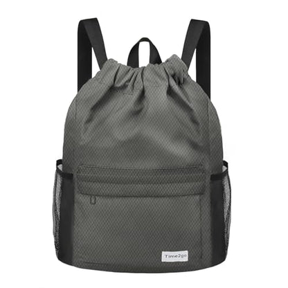 Waterproof Drawstring Backpack Sports Gym Sackpack with Mesh Pockets Water-Resistant String Cinch Beach Bag for Men Women - color: Solid - Gray