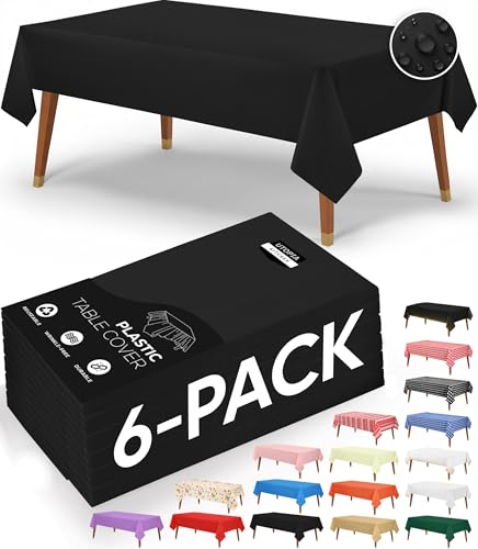 Utopia Kitchen Plastic Table Cloth Disposable [Black, 6 Pack] | Rectangle Tablecloth Waterproof Stain Resistant Party Table Cover - color: Black, size: 54X108 Inch - 6PC