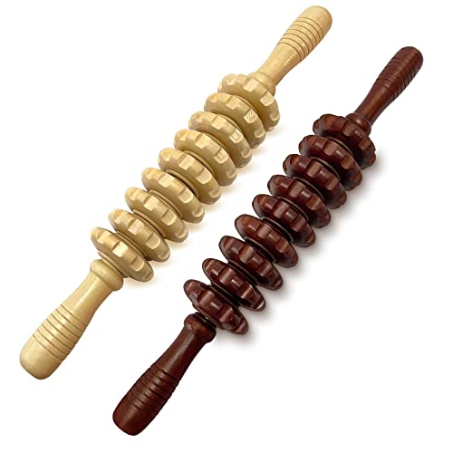 2Pcs Wood Massage Roller Stick for Muscle Relief & Cellulite Reduction | Body Sculpting, 9-Wheel Massager for Legs, Wooden Therapy Massage Tools for Trigger Points Relief, Sore Muscle Recovery - color: Wood+coffee