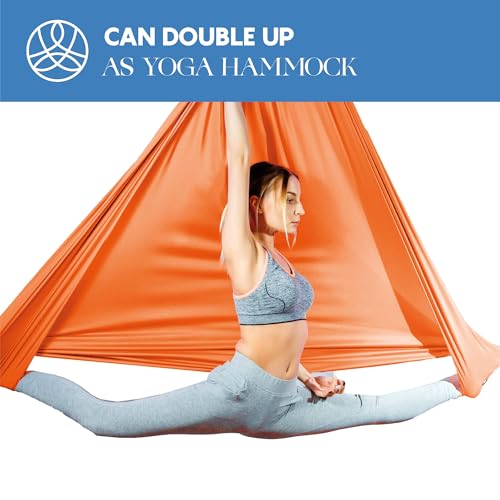 Aerial Silks Starter Kit, 9 Yards, Aerial Yoga Hammock, Hardware | Knitted fabric with pose guide, for aerial yoga, gymnastics, silk swing, stretching and home gym use, suitable for all levels - color: Orange