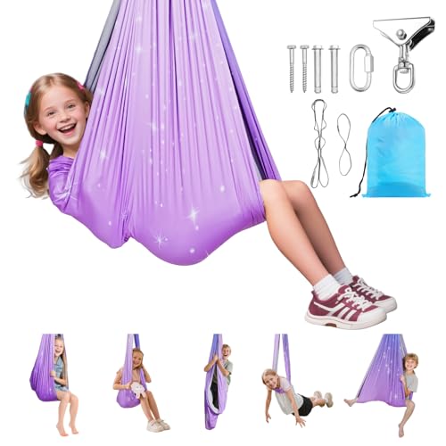 VEVOR Sensory Swing, Double-Layer Fabric Sensorys Hammock, Indoor & Outdoor Sensory Swing with 360° Swivel Hanger, O-Sling, Holds up to 300lbs, Adjustable Aerial Yoga, Ceiling Swings for Kids - color: Powder Blue, size: 55*59in