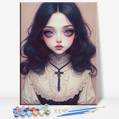 Aeontinity Gothic Doll Gothic Framed Canvas DIY Paint by Numbers Kit Bar Cafe Cave Home Room Wall Bathroom Porch Patio Decor Gift, 16 x 12 Inch - color: GOTHIC DOLL