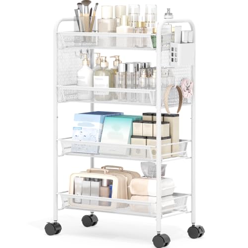 KINGRACK 4 Tier Rolling Cart, Metal Utility Storage Cart with Pegboard | Screwless Assembly, Lockable Wheels, 4 Hooks & 1 Bin, Mobile Organizer for Bathroom Kitchen Office Craft Room Laundry, White - color: White, size: 4-Tier