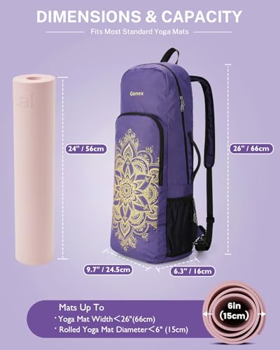 Gonex Yoga Mat Bag Convertible Backpack Blocks Carrier with Wet Pocket | 600D Polyester, Fits Most Yoga Mats，Multiple Compartment, Padded Straps, 2 Carry Ways, Gym, Travel & Daily Use - color: Purple