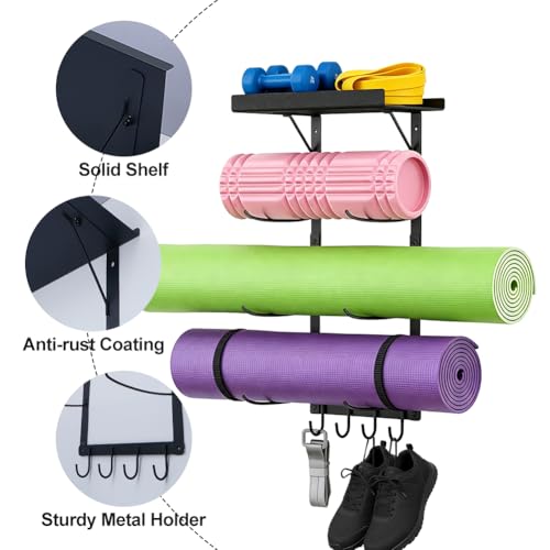 DICOSMETIC 1Set Yoga Mat Holder Wall Mount Metal Home Gym Rack with Floating Shelves and and 4 Hooks Hanging Yoga Mat Storage Rack for Stretching Strap Resistance Bands Yogas Accessories
