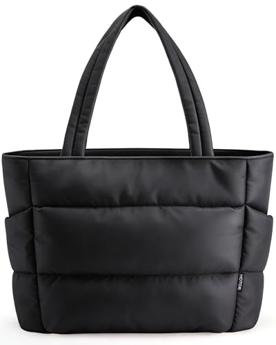HOTOR Puffer Tote Bag for Women, Multi-Pocket, Zippered - color: Black, size: 20.1" × 6.7" × 13.4"