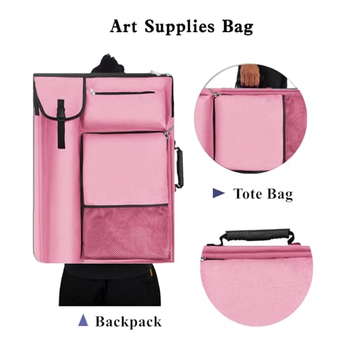 TreochtFUN Art Bags for Supplies Portfolio Case 19 X 25.5 in Large | for Storage A2 Canvas Board A3 Sketchbook - Carrying Artwork with Backpack & Tote-handle - color: Neon Pink