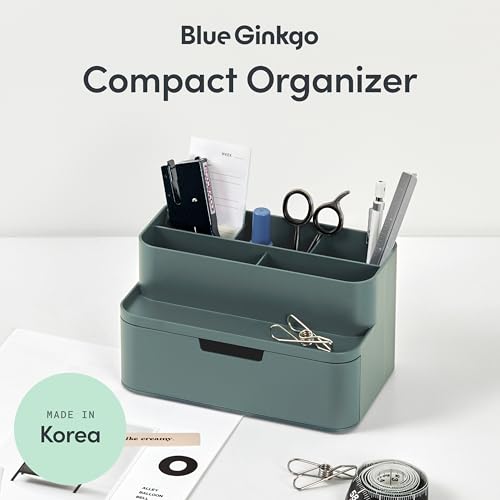 BLUE GINKGO Compact Desk Organizer, Green, Made in Korea | 5 Compartments. Half Drawer. Space-Saving. - color: GREEN, size: Compact
