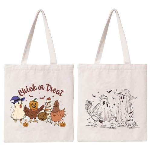 Kazova Halloween Tote Bag Funny Chicken Ghost Canvas Bag For Women Cotton Halloween Trick Or Treat Tote Handbag Reusable Grocery Shopping Handbag With Shoulder Inner Pocket - color: Chick