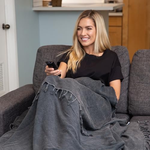 InfuseZen Stonewashed Turkish Organic Cotton Couch Throw Blanket - Charcoal - color: Large Charcoal (80" X 48")