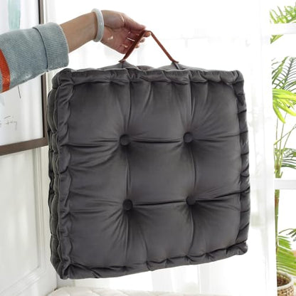 vctops Square Solid Color Velvet Seat Cushion with Handle Tufted Thicken Chair Pad Tatami Floor Pillow Cushion 16.5"x16.5"x4" Grey - color: Grey