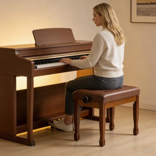 Adjustable Height Piano Bench, Wooden Piano Stool with Waterproof Padded Cushion, Bench Seat for Vanity, Bedroom, Living Room, Light Brown - color: Single-wood