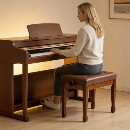Adjustable Height Piano Bench, Wooden Piano Stool with Waterproof Padded Cushion, Bench Seat for Vanity, Bedroom, Living Room, Light Brown - color: Single-wood