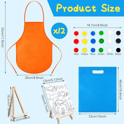 Tenceur 48 Pcs Kids Canvas Painting Kit Pre Drawn with Easel Paint Apron | Ocean Animals Pre Drawn Panel, Wooden Easels, Paint Pot Brushes, Mini Aprons Tote Bags, Birthday Party for Boys Girls Student - style: Fresh