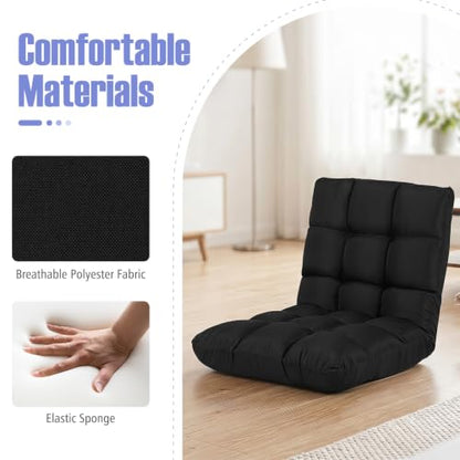 Giantex Adjustable Floor Gaming Sofa Chair 14-Position Cushioned Folding Lazy Recliner High Resilience Sponge, Breathable Cotton & Linen Fabric Sleeper Bed Couch Recliner (Black) - color: Black