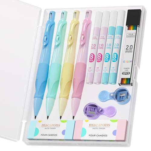 Four Candies 4PCS 2mm Mechanical Pencils for Kids, Comfort Ergonomic Grip | Jumbo Pencils with 44PCS Lead Refills(Black, Color), 2PCS Sharpeners & Erasers, Cute School Supplies for Kids Writing Drawing