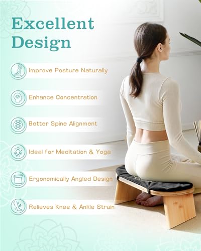 Hihealer Folding Bamboo Meditation Bench with Cushion & Carry Bag – Ergonomic Yoga and Prayer Stool for Comfort and Posture Support (Black) - color: Black