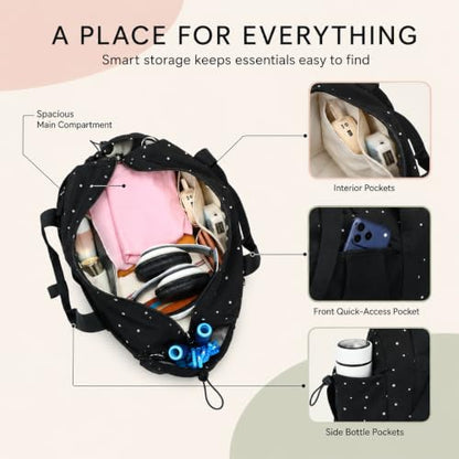 Small Mini Gym Bag for Women, Compact Duffle Overnight Bag - color: Black with Dot