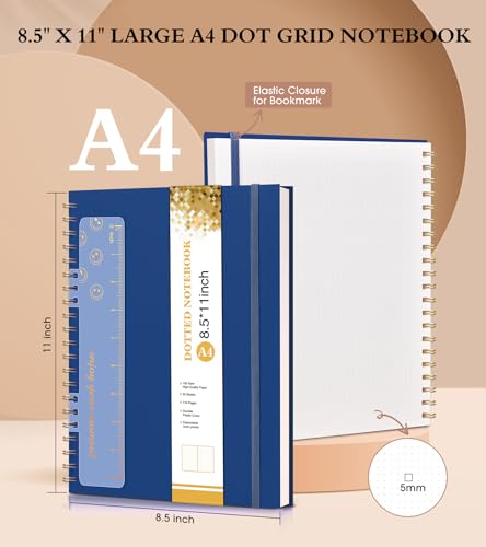UEBZFOCS Dotted Notebook, Spiral Notebook Journal 8.5” x 11”, A4 Large Dot Grid Notebooks for Women Men, 100 GSM Dotted Paper, Plastic Hardcover Spiral Bullet Journals for Work School Sketching, Navy - color: Navy, size: Dotted