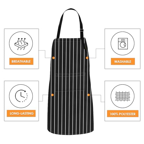 Apron with Pockets, 32x28 inch, 2 Pack, Striped | Black Grey Stripes Adjustable Bib with Pockets for Women Men Couple Lovers Chef Home Baking Gardening - color: Black Grey Stripes