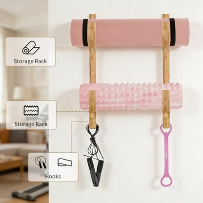 Wooden Yoga Mat Holder Wall Mount, Double Layer Yoga Mat Storage Rack with 4 Hooks, Home Gym Accessories for Yoga Mat Foam Roller Resistance Bands, Sturdy Wall Organizer for Home Gym School Office