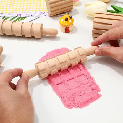NUOBESTY Wooden Clay Tools Kids Wood Stamps Hand Rollers Plasticine Tools Pottery Molding Clay Accessories for Art DIY Crafts Activities 12pcs
