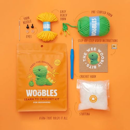 The Woobles Crochet Kit for Beginners (Fred the Dinosaur) | As seen on Shark Tank, Kit includes: Easy Peasy Yarn, pre-started piece, hook, safety eyes, stuffing, video tutorials - color: Fred The Dinosaur