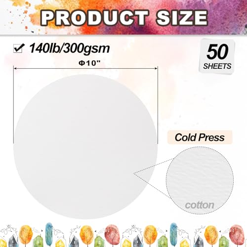 PATIKIL 50 Sheets Cotton Watercolor Paper Round 140lb/300 GSM Cold Press Water Coloring Paint Paper for Art Painting Watercolor Drawing Artist, 10 Inch - size: 10 Inch