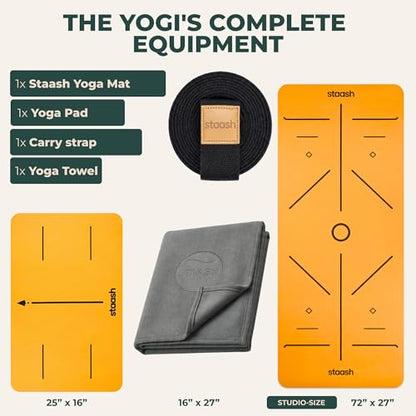 STAASH Premium Yoga Set – PU & Natural Rubber Mat + Towel + Strap + Knee Pad – Non-Slip Grip, Eco-Friendly, Studio Quality - color: Sun Yellow