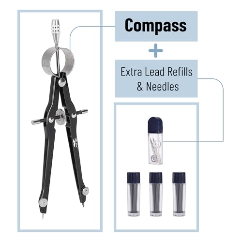 Mr. Pen- Professional Compass for Geometry, Extra Lead | Metal Compass Drawing Tool for Students, Drafting and Engineering, Technical Drawings, Circles and Geometry Projects - color: Black