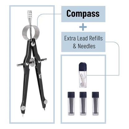 Mr. Pen- Professional Compass for Geometry, Extra Lead | Metal Compass Drawing Tool for Students, Drafting and Engineering, Technical Drawings, Circles and Geometry Projects - color: Black