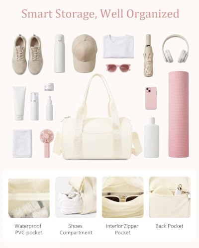 Small Gym Bag for Women, 11L Mini Duffle Bag with Shoe Compartment, Wet Pocket & Yoga Mat Holder, Lightweight Carry On Sport Bag for Gym, Yoga, Dance & Overnight Trips - Beige - color: Beige