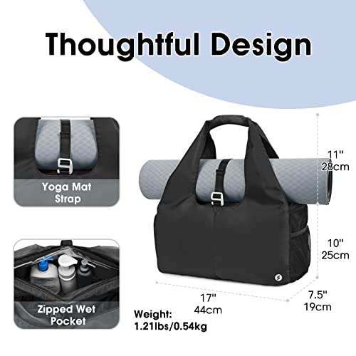 Sportsnew Tote Yoga Mat Gym Bag 20L Women W/Shoe Compartment Wet Dry Pocket | Water-Resistant Gym Tote - Mat Strap, Ventilated Shoe Bin, Wet Pocket, Padded Handle, Multi Pockets, Side Mesh & Key Clip - color: Black