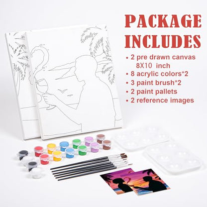 VOCHIC Sip and Paint Kit for Adults Couples Pre Drawn Canvas Painting Kit | Art Party Set for Adults Date Night Sunset Beach 2 Pack (8 x 10 Inches, Wine Glass Couple) - size: 8x10, style: Wine Glass Couple