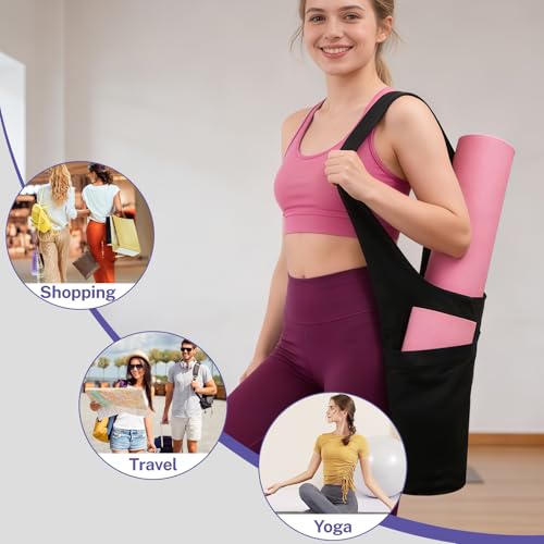 Yoga Mat Bag for Women, Long Tote Yoga Mat Carrier Holder Bag with Large Size Pocket & Zipper Pocket, Large Storage Pockets Fits Yoga & Most Size Pilates Mats for Workout Stuff, Black