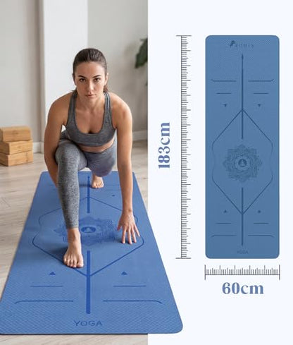 ROMIX Pro Yoga Mat With Alignment Lines, 6Mm Thick Non-Slip Exercise Mat | 72 x 24 In TPE Large Pilates Mat For Home Workout, Stretching, Training, Meditation, Carry Bag Included For Women And Men - color: Blue