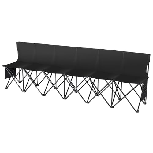 VEVOR Portable Folding B ench, 6 Seats Foldable Sideline B ench, Outdoor Camping Bench Chair with Carry Bag & Backrest, Team Sport Sideline B ench, No Assembly Instant Seating, Black | Lightweight Foldable Sideline Seating with Side Pockets, Carrying Bag,