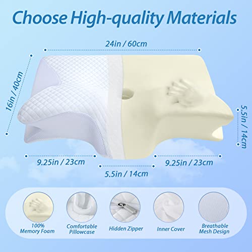 HOMCA Memory Foam Cervical Pillow, 2 in 1 Ergonomic Contour Orthopedic Pillow for Neck Pain, Contoured Support Pillows for Side Back Stomach Sleepers - color: White