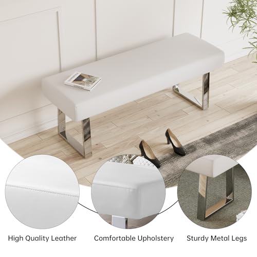 JIEXI 55" Rectangle Upholstered Entryway Bed End Bench with Chrome Legs | PU Leather Seat Footstool, Sturdy Silver Metal Base, Versatile for Bed End, Plant Stand, Foyer - color: White, size: 55 IN