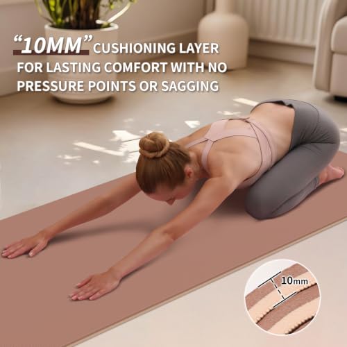 PAIDU POE Yoga Mat （10mm）Extra Thick Fitness Mat 72"x24" with Carry Strap - color: Brown+Apricot