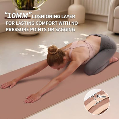PAIDU POE Yoga Mat （10mm）Extra Thick Fitness Mat 72"x24" with Carry Strap - color: Brown+Apricot