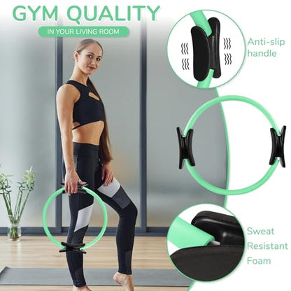 TOPZGLEEY Pilates Ring Set – 14" Anti-Deformation Magic Circle with Padded Handles, Mini Ball, 5 Resistance Bands, Guide, Pilates Equipment for Home Workout - color: TURQUOISE