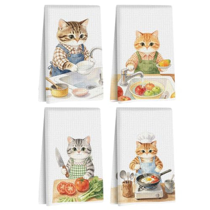 Jztco 4 Pcs Cute Cat Kitchen Towels, Funny Cats Gifts Hand Tea Towel - color: Multi 1565