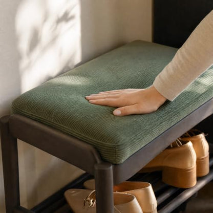Black Wood Shoe Bench, 24 Inch Entryway Bench with Green Cushion - color: Black + Green Cushion, size: 23.62"