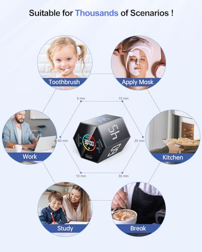 Ticktime T6 Pomodoro Timer Cube for Focus, Study, Work, Task, ADHD, Kitchen | Pomodoro Timer,Quick Flip 5/15/25/30/45/60min Countdown, Custom Timer & Stopwatch, 3 Reminder Options, Flip to Pause & Resume