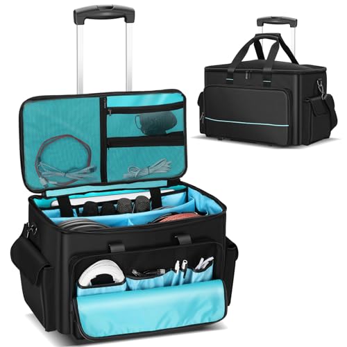 DJ Cable Bag, Rolling DJ Cable Bag with Detachable Trolley & Dividers | Large Capacity Gig Bag with Laptop Compartment, Professional Organizer Bag for Cables, Microphones, and DJ Equipment