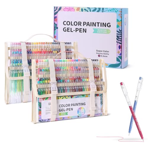 168 Colors Acrylic Gel Pens for Adult Coloring Quick Dry 0.6MM Fine Point | Colored Gel Pens Set with Travel Case for Black Paper and White Paper,Coloring,Writing,Drawing,Journaling,Doodling
