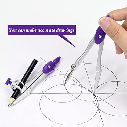 Vobou Math Geometry Sets 10 Pcs, Student Supplies Kit, Compass Set (Purple | Shatterproof Storage Box,Includes Rulers,Protractor,Compass,Eraser,Pencil Sharpener,Lead Refills,Pencil, for Drafting - color: Purple